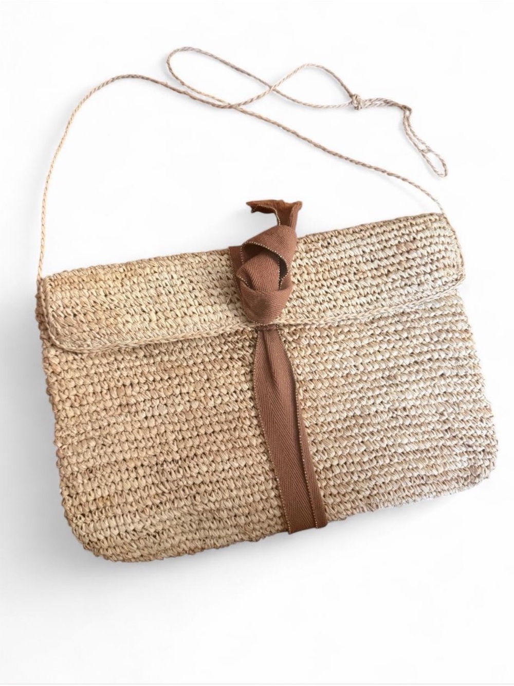 Woven Straw Crossbody Bag with Brown Ribbon - Women